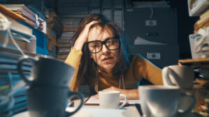 Female employee at her desk violating a common overtime regulation by missing required breaks.