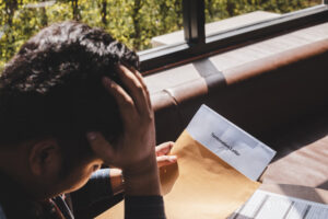 Man resting his head in his left hand while looking down at a piece of paper with “ Termination Letter” written at the top of it and trying to figure out if he can file a claim against his employer in accordance with the Connecticut statute of limitations for wrongful termination.